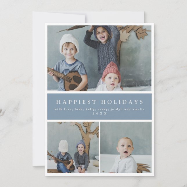 Three Photo Collage Custom Colours/Text Holiday Card (Front)
