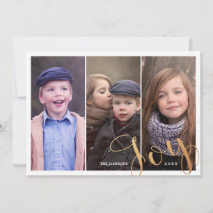 Three Photo Collage Gold Joy Christmas Photo Holiday Card