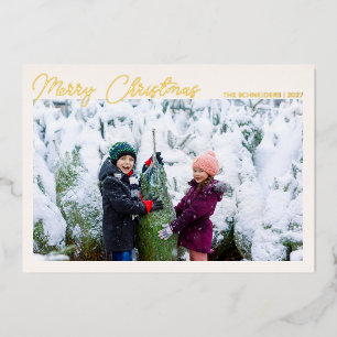Three Photo Collage Gold Script Merry Christmas Foil Holiday Card