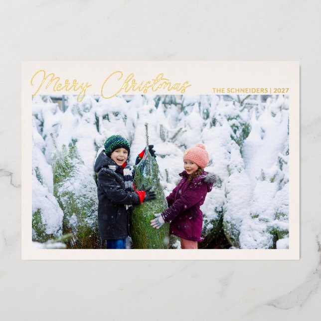 Three Photo Collage Gold Script Merry Christmas Foil Holiday Card (Front)
