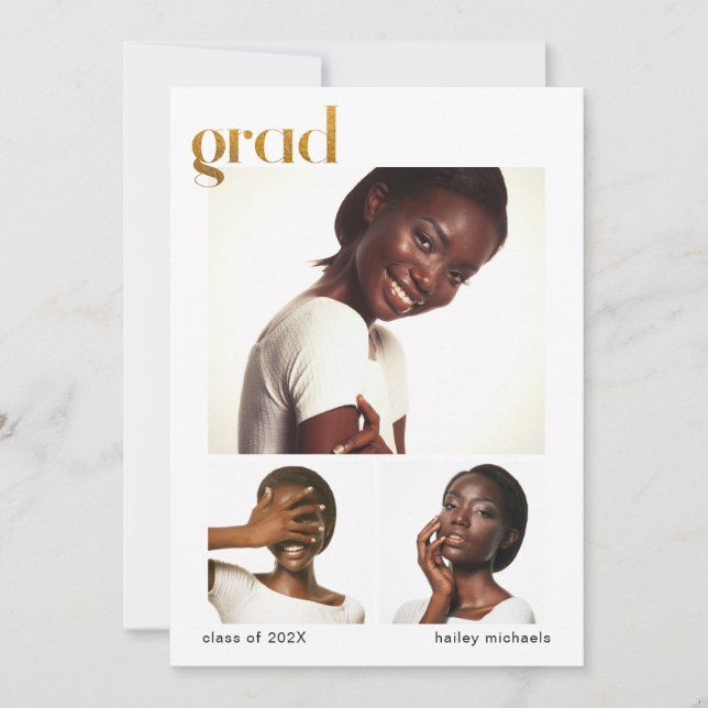Three Photo Collage Graduation Party Faux Gold Invitation (Front)