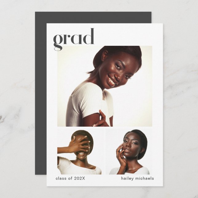 Three Photo Collage Graduation Party Gray Invitation (Front/Back)