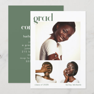 Three Photo Collage Graduation Party Green Invitation