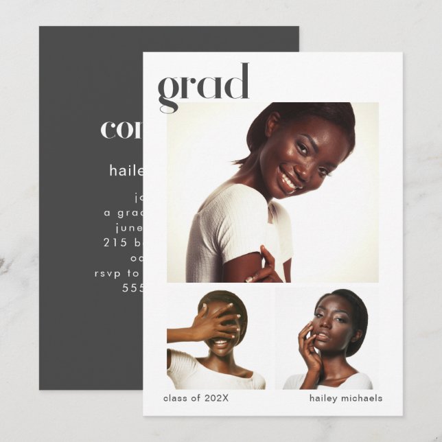 Three Photo Collage Graduation Party Grey Invitation (Front/Back)