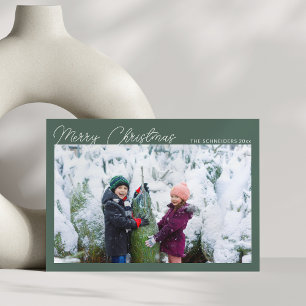 Three Photo Collage Green Script Merry Christmas Holiday Card