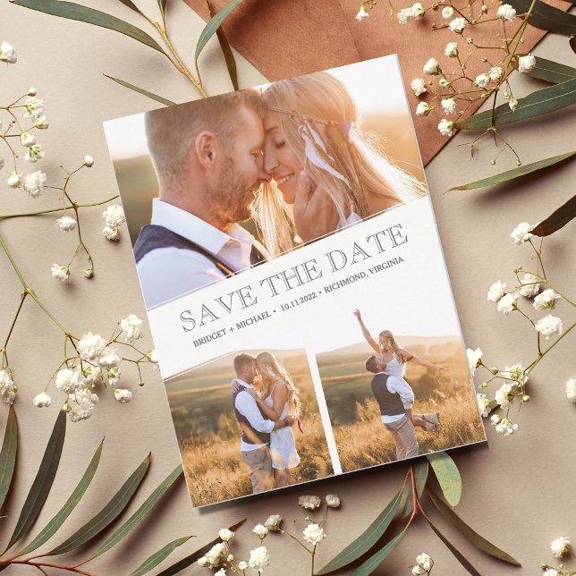 Three Photo Collage Modern Wedding Save the Date Announcement Postcard (Creator Uploaded)