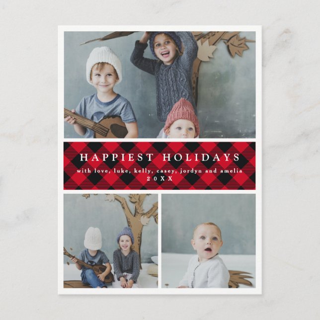 Three Photo Collage Red Plaid Custom Holiday Postcard (Front)