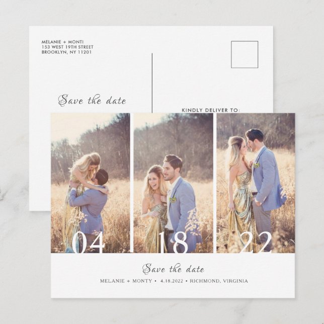 Three Photo Collage Wedding Save the Date Announcement Postcard (Front/Back)