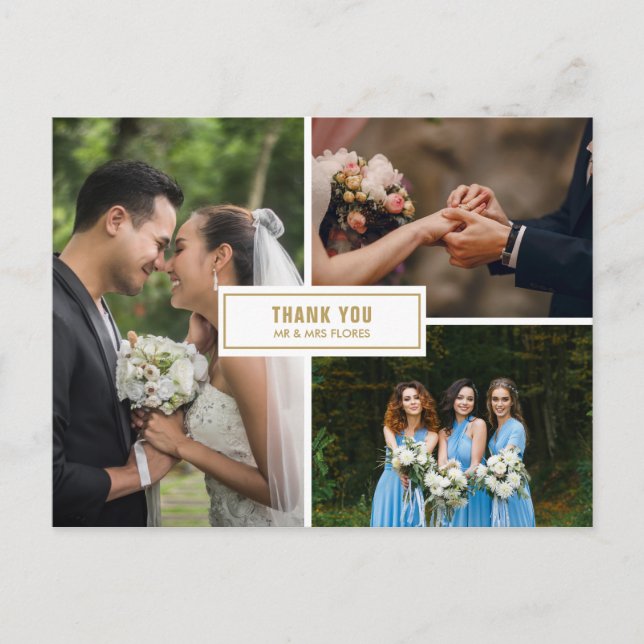 Three Photo Collage Wedding Thank You Postcard (Front)