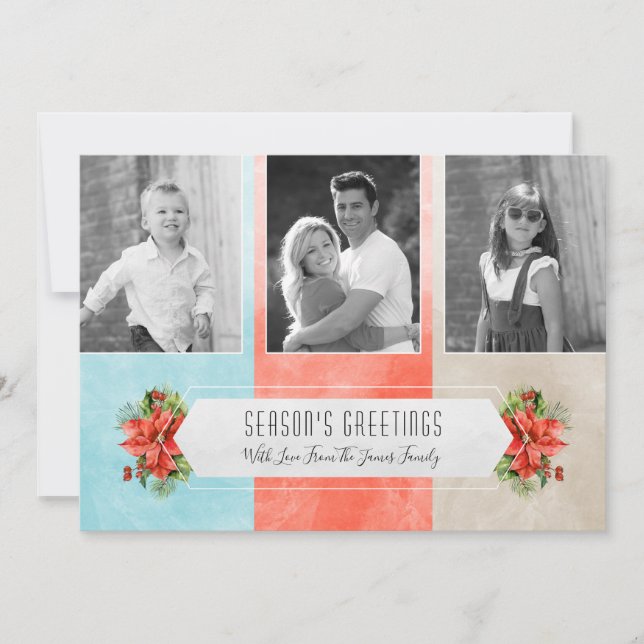 Three Photo Colour Block Christmas Holiday Card (Front)