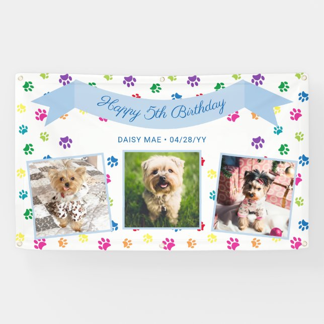 Three Photo Colourful Paw Prints Blue Pet Birthday Banner (Horizontal)