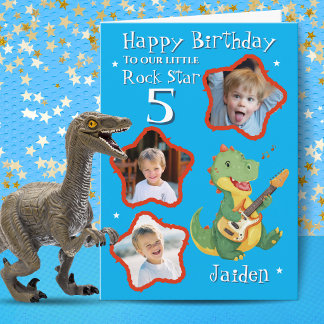 Three Photo Dinosuaur Rock Star Birthday Card