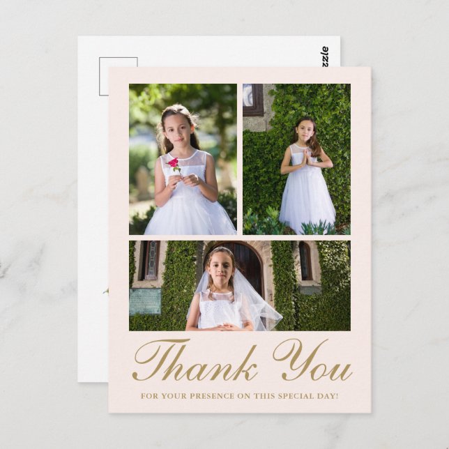 Three Photo Floral Cross First Communion Blush Postcard (Front/Back)