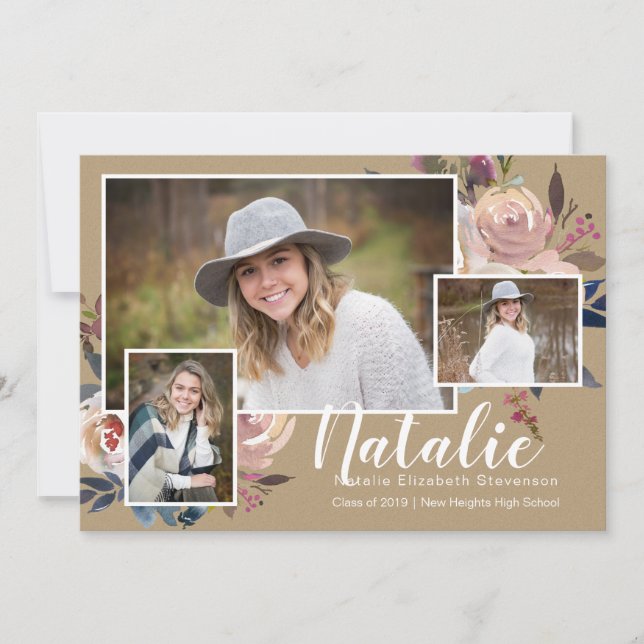 Three Photo Floral Personalised Graduation Party Invitation (Front)