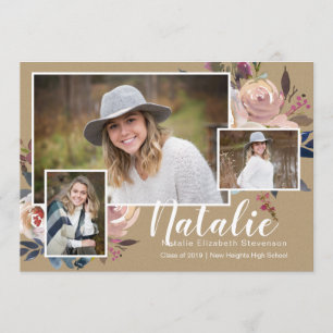 Three Photo Floral Personalised Graduation Party Invitation