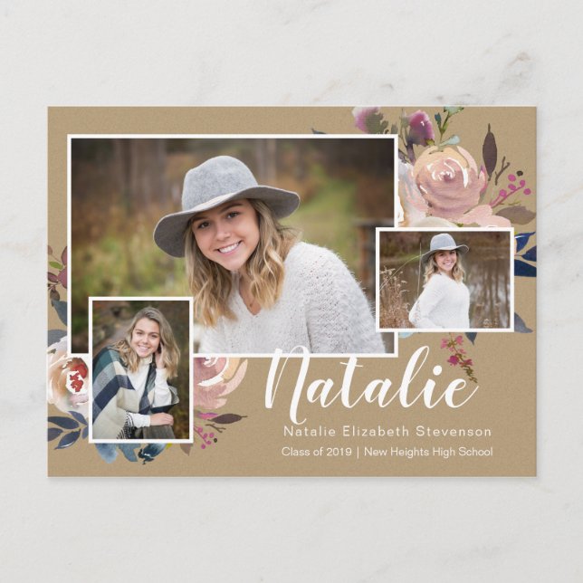 Three Photo Floral Personalised Graduation Party Invitation Postcard (Front)