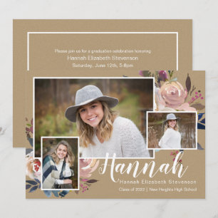 Three Photo Floral Rustic Graduation Party Invitation
