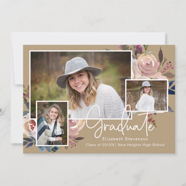 Three Photo Flower Personalised Graduation Party Invitation (Front)