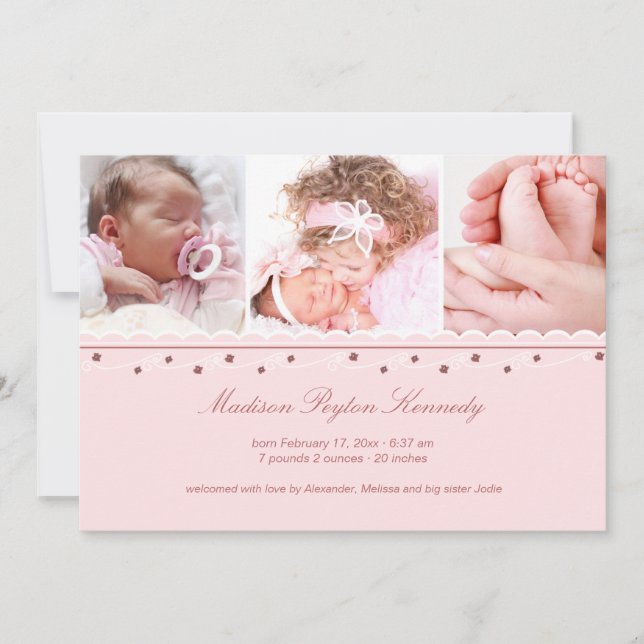 Three Photo Garland Girl Birth Announcement (Front)