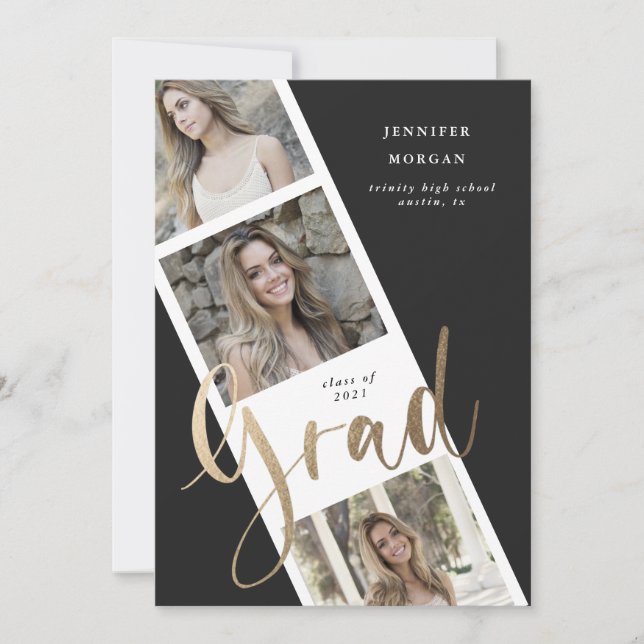 three photo gold graduation photo announcement (Front)