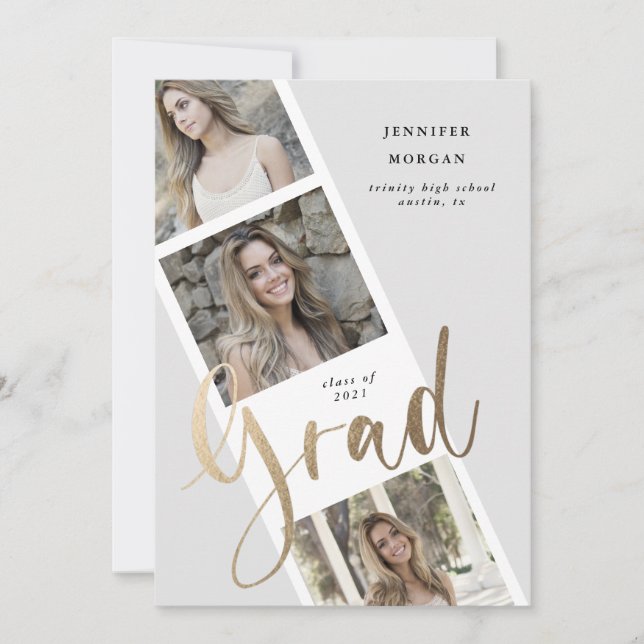 three photo gold graduation photo announcement (Front)
