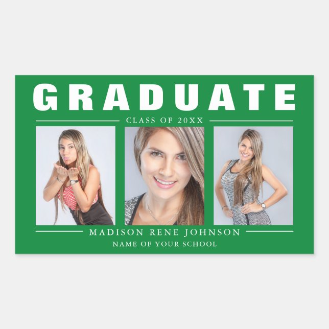 Three Photo Graduation Collage Green White Rectangular Sticker (Front)