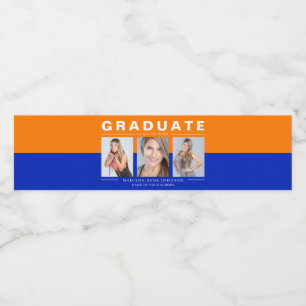 Three Photo Graduation Collage Orange and Blue Wat Water Bottle Label