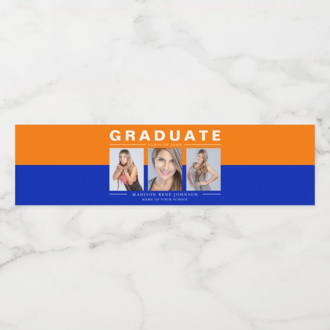 Three Photo Graduation Collage Orange and Blue Wat Water Bottle Label (Single Label)