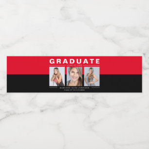 Three Photo Graduation Collage Red and Black Water Bottle Label
