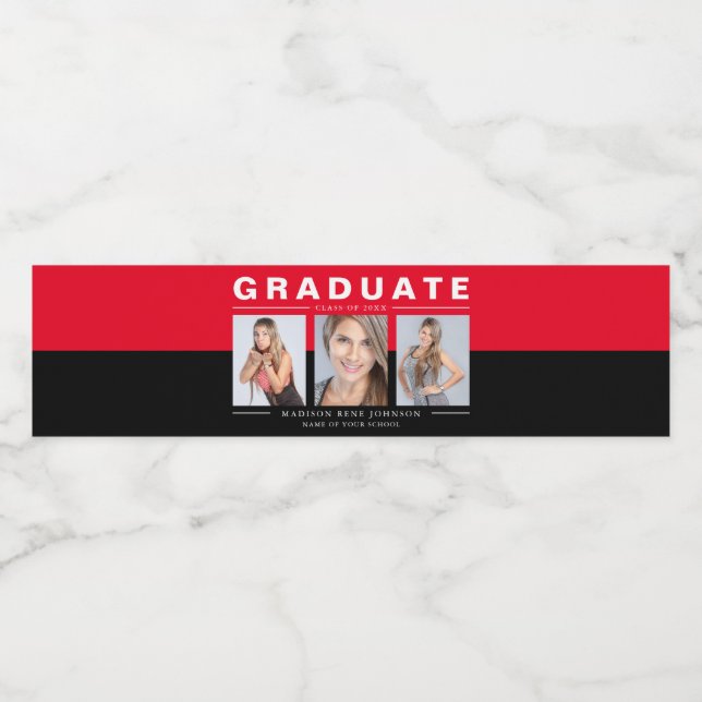 Three Photo Graduation Collage Red and Black Water Water Bottle Label (Single Label)
