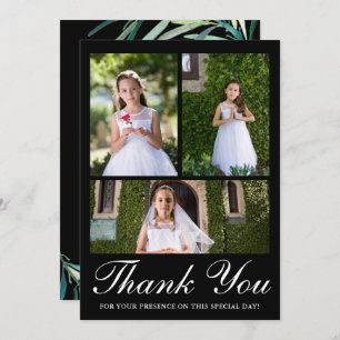 Three Photo Greenery First Communion Black Thank You Card