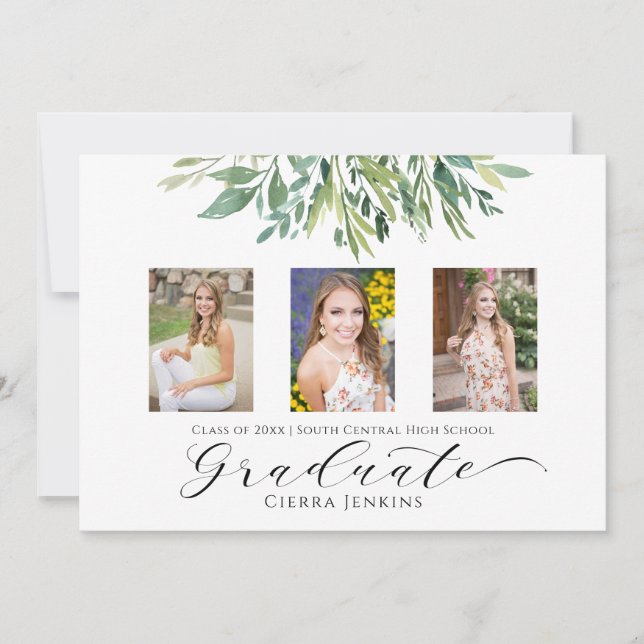 Three Photo Greenery Graduation Party Invitation (Front)