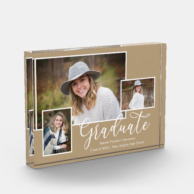 Three Photo Kraft Script Graduation Photo Block (Left)