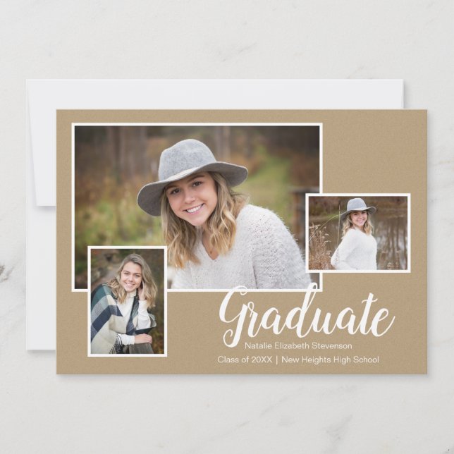 Three Photo Kraft Typography Graduation Party Invitation (Front)