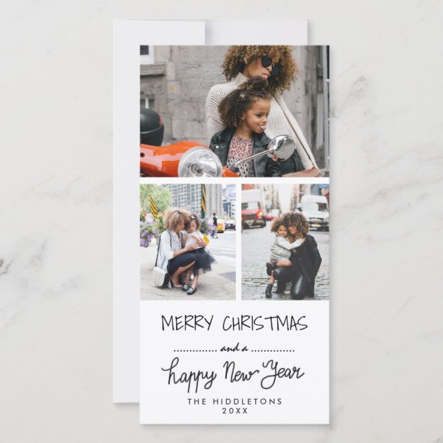 Three Photo Merry Christmas Happy New Year Script Holiday Card (Front)