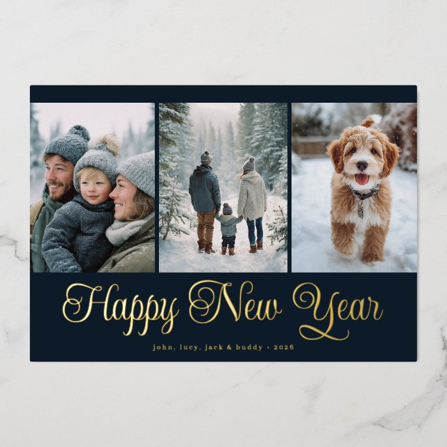 Three Photo New Year Foil Holiday Card (Front)