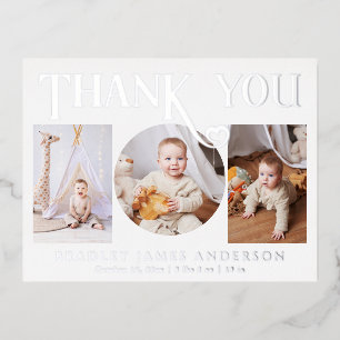 Three Photo Newborn Thank You and Birth Details Foil Invitation Postcard