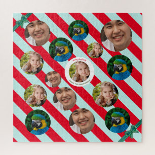Three Photo Personalised Red Stripe Fab Christmas Jigsaw Puzzle