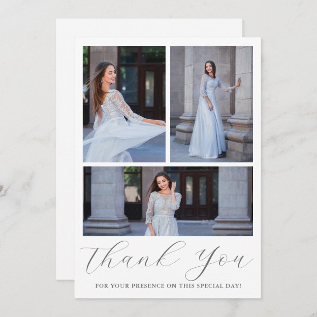 Three Photo Quinceanera Blue Floral Script Invitation (Front/Back)