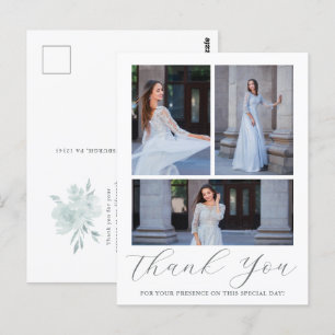 Three Photo Quinceanera Blue Floral Script Postcard
