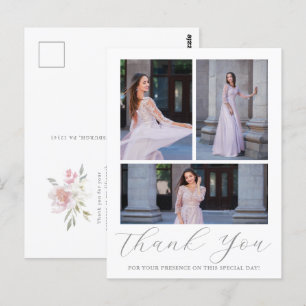 Three Photo Quinceanera Pink Floral Script Postcard