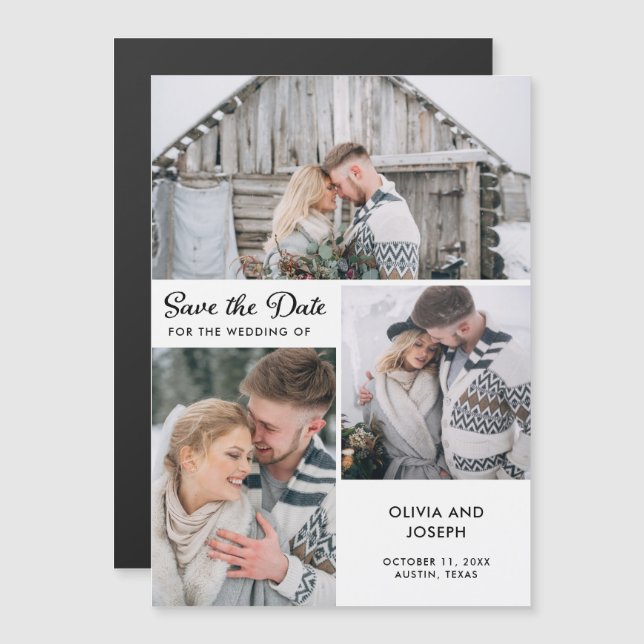 Three Photo Save the Date | Black and White Magnetic Invitation (Front/Back)
