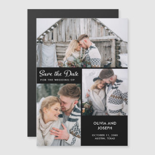 Three Photo Save the Date   Black Magnetic Invitation