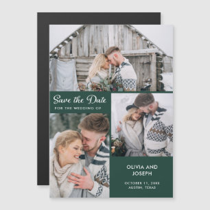 Three Photo Save the Date   Emerald Green Magnetic Invitation