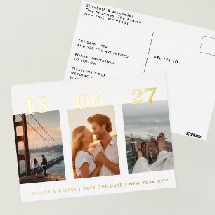Three Photo  Save The Date Wedding Foil Holiday Postcard