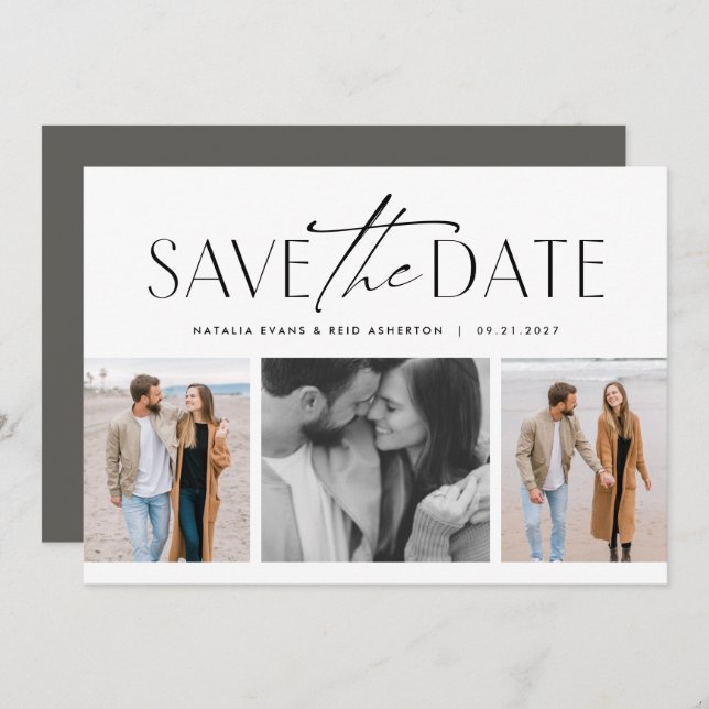 Three photo simple stylish black white save the date (Front/Back)