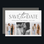 Three photo simple stylish black white save the date<br><div class="desc">This simple but stylish photo save the date card is the perfect way to announce your engagement and upcoming wedding to friends and family. The front of this save the date features a modern type treatment in black above a collage of three photos. The back is a chic charcoal grey...</div>