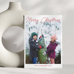 Three Photo Vertical Red Script Merry Christmas Holiday Card