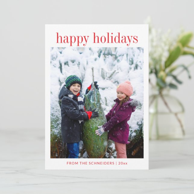 Three Photo Vertical Red Typography Happy  Holiday Card (Standing Front)