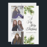 Three Photo Watercolor Pine Branches Christmas Holiday Card<br><div class="desc">Send warm holiday greetings with a photo card. This flat Christmas greeting card offers three photo frames for your favourite family photos. Black handwritten style text on a clean with background reads: A Very Merry Christmas. Custom text, on the back, allows you to add a personal holiday message and your...</div>